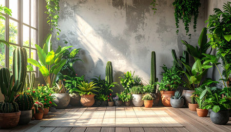 3d render of green houseplants in pots on wooden floorの素材