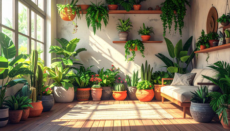 3D rendering of a cozy living room interior with plants in potsの素材