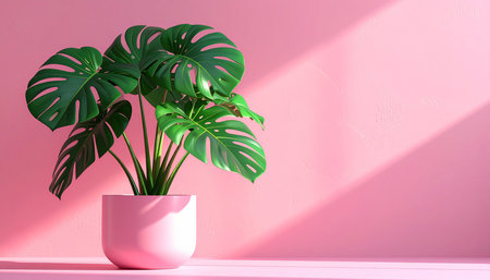 Monstera plant in a pot on a pink wall background. 3d renderingの素材
