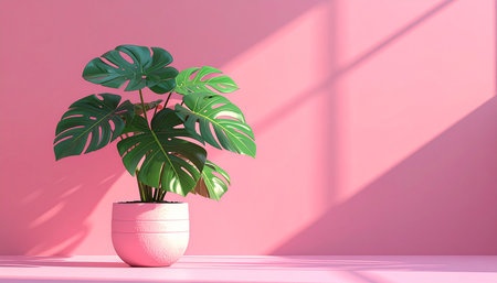 Monstera plant in pot on pink wall background. 3d renderの素材