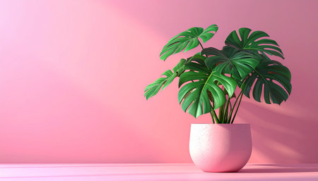 3d render of monstera plant in a pot on pink backgroundの素材