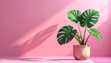 Tropical monstera plant in pot on pink background. 3d renderingの素材