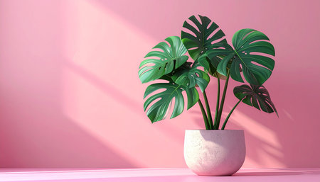 3d render of monstera plant in pot on pink wall backgroundの素材