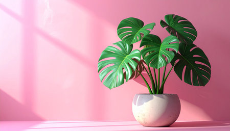 3d render of monstera plant in pot on pink background.の素材