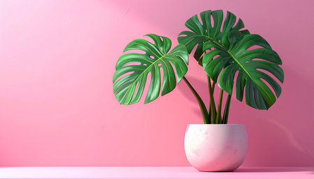Monstera plant in a pot on a pink background. 3d renderingの素材