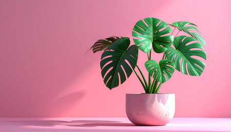 3d render of monstera plant in pot on pink background.の素材