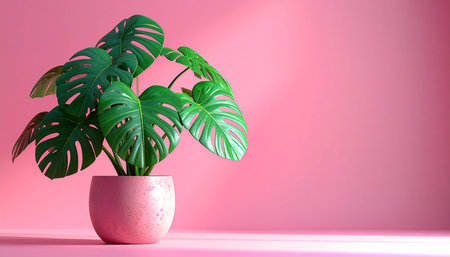 Monstera plant in ceramic pot on pink background. 3d renderの素材