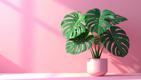 3d render of monstera plant in pot on pink wall backgroundの素材