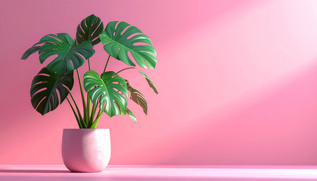 Tropical monstera plant in pot on pink background. 3d renderingの素材