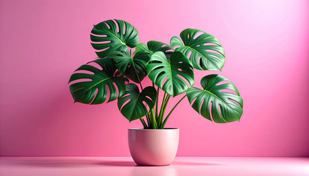 Monstera in a pot on a pink background. 3d renderingの素材
