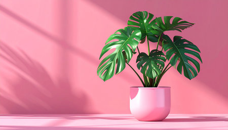 Monstera in pot on pink background with shadow. 3D renderingの素材