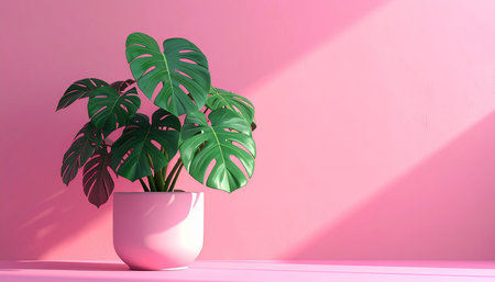 3D render of a monstera plant in a pot on a pink backgroundの素材