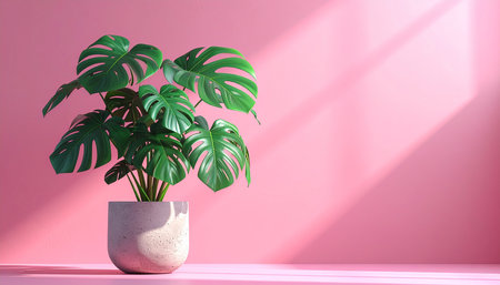 Tropical plant Monstera in pot on pink background. 3d renderの素材