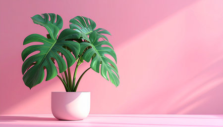 Monstera plant in pot on pink background. 3D rendering.の素材