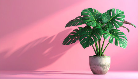 3d render of monstera plant in pot on pink background.の素材