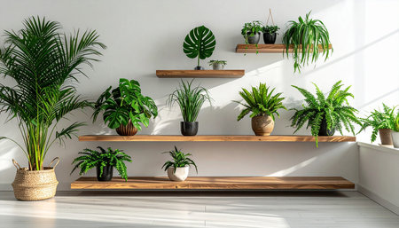Shelf with houseplants in modern interior. 3d renderの素材