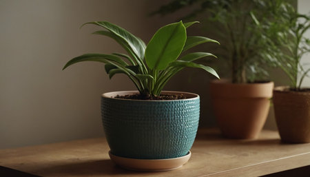 Plant in a pot on a wooden table. Home interior.の素材