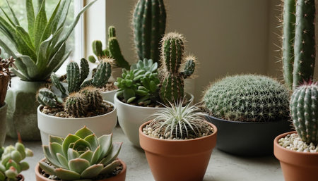 Variety of cacti in pots on the windowsill.の素材