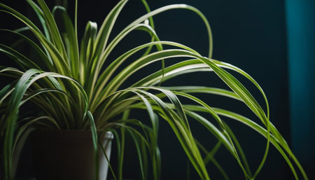 Close up of a green plant in a pot on a dark backgroundの素材