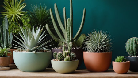 Beautiful cacti in pots on wooden table against color wallの素材