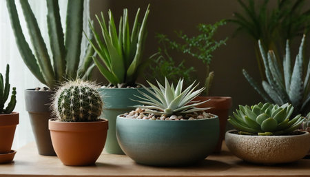 Different cacti in pots on wooden shelf indoors. Home decorの素材