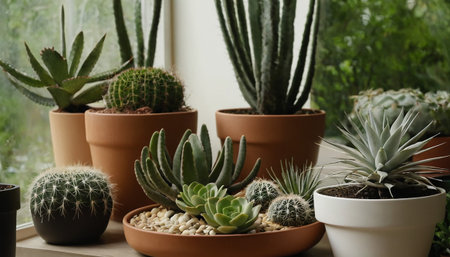 Various cacti in pots on windowsill, space for textの素材