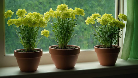 Beautiful yellow flowers in pots on the windowsill near the windowの素材