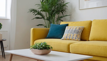 Modern living room interior with yellow sofa, coffee table and plant.の素材