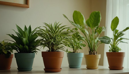 Beautiful houseplants in flowerpots on table indoors, closeupの素材