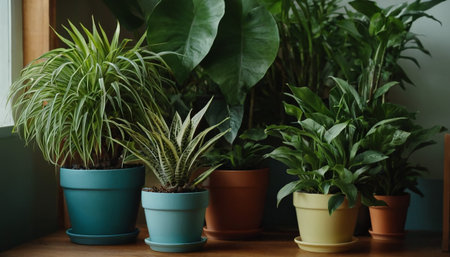 Beautiful houseplants in pots on wooden table, closeupの素材