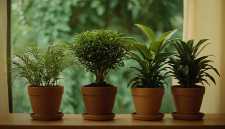 Plants in pots on a wooden shelf on a window background.の素材
