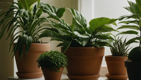 Various house plants in pots on the windowsill. Home gardening concept.の素材