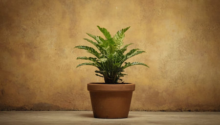Green plant in a pot on a wooden table and grunge backgroundの素材
