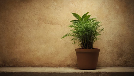 green plant in a pot on a concrete wall background with copy spaceの素材