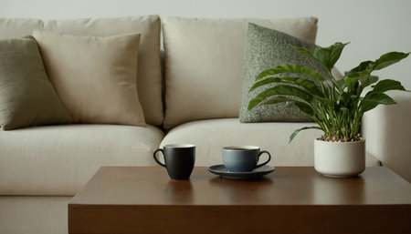 coffee cup and plant on table in living room, stock photoの素材