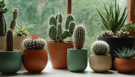 Cactuses in pots on the windowsill. Home decor.の素材
