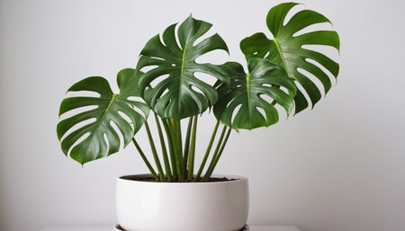Monstera deliciosa plant in a pot on a white backgroundの素材