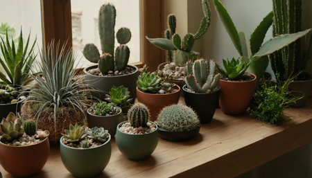 Variety of cacti and succulents in pots on wooden shelf.の素材