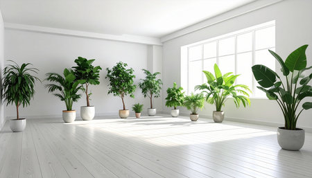 Modern bright interiors 3D rendering illustration.  Room with plantsの素材