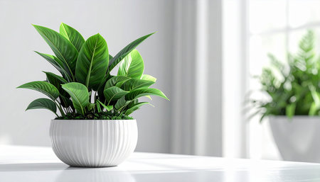 Beautiful houseplant in pot on white table indoors, closeupの素材