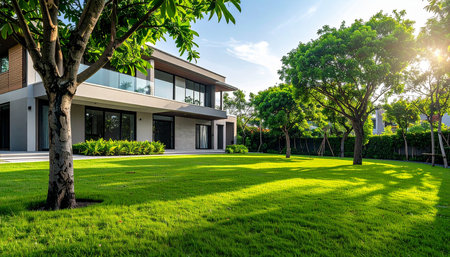 Modern luxury house with green lawn and sunlight in the morning. Perspective view.の素材