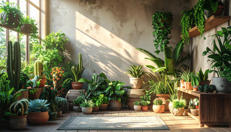 Interior of modern green house with plants. 3D rendering.の素材