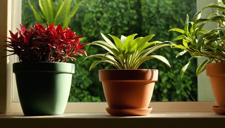 Beautiful potted plants on windowsill, closeup. Home decorの素材