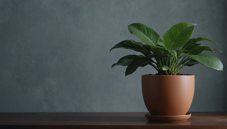 Houseplant in a pot on a wooden table against a dark wallの素材