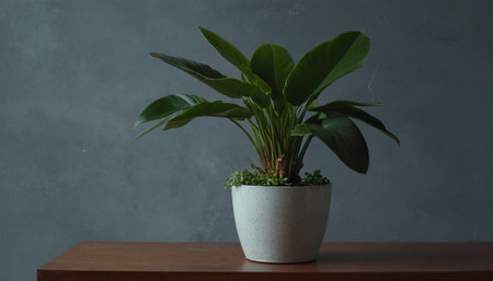 Houseplant in a white pot on a wooden table against a gray wallの素材