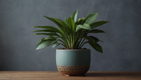 Beautiful houseplant in pot on wooden table against dark grey wallの素材