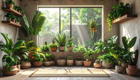 Interior of a room with plants in pots, 3d renderの素材