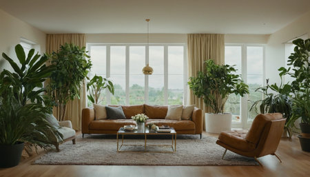 Modern living room interior design with sofa, coffee table and plants.の素材