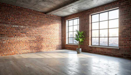 Empty room with brick wall and wooden floor. 3D Renderingの素材