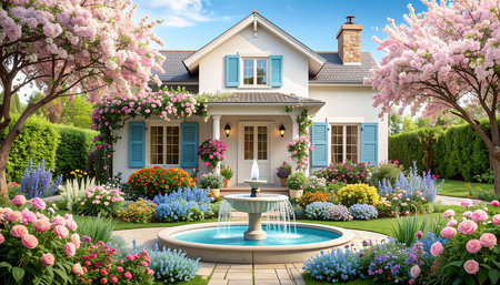 3D rendering of a beautiful luxury house in the garden with flowersの素材